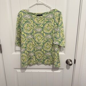 Lauren Ralph Lauren Women's Yellow Green‎ Blue Paisley Boat Neck Shirt Size 2X